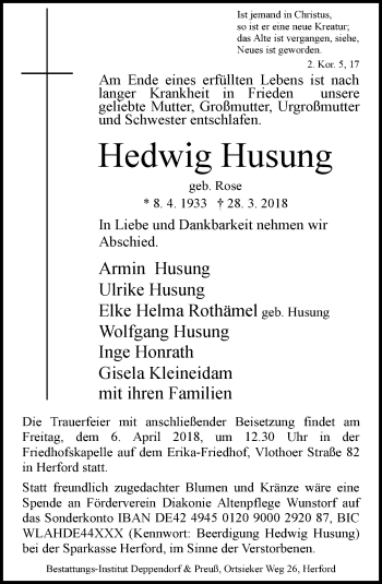 Traueranzeige von Hedwig Husung von Neue Westfälische