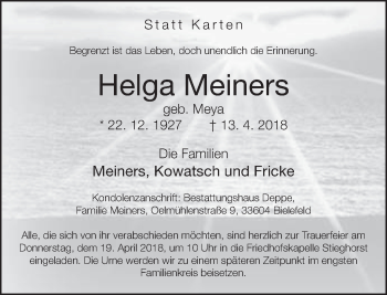 Traueranzeige von Helga Meiners von Neue Westfälische