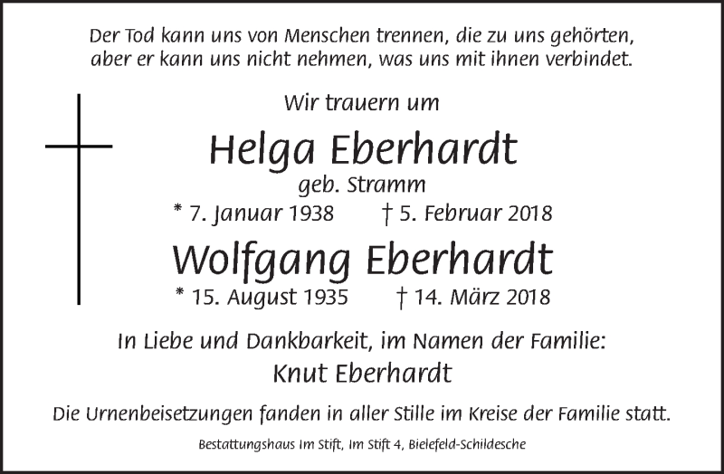  Traueranzeige für Helga und Wolfgang Eberhardt vom 07.04.2018 aus Neue Westfälische