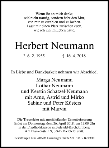 Traueranzeige von Herbert Neumann von Neue Westfälische
