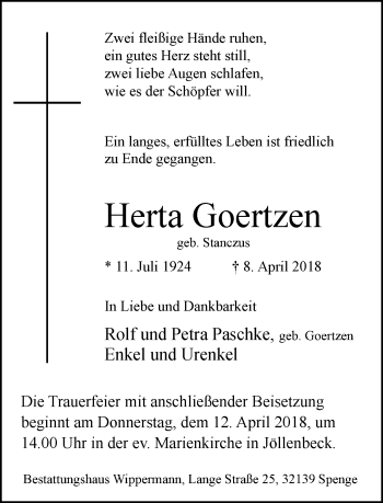 Traueranzeige von Herta Goertzen von Neue Westfälische