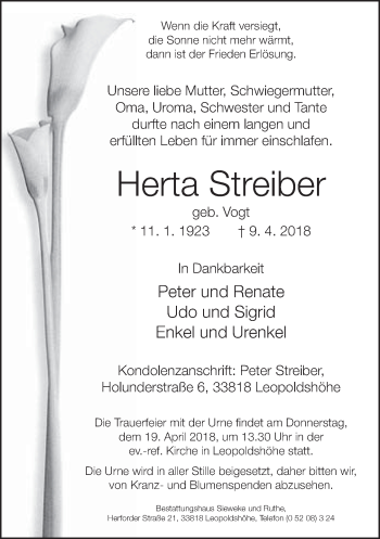 Traueranzeige von Herta Streiber