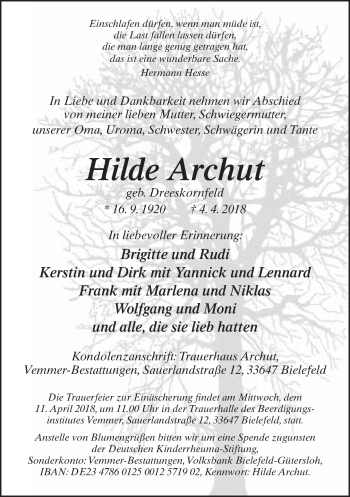 Traueranzeige von Hilde Archut von Neue Westfälische