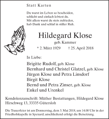 Traueranzeige von Hildegard Klose von Neue Westfälische