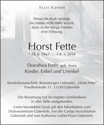 Traueranzeige von Horst Fette von Neue Westfälische