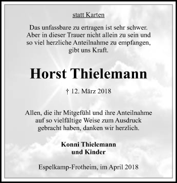 Traueranzeige von Horst Thielemann von Neue Westfälische