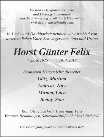 Traueranzeige von Horst Günter Felix von Neue Westfälische