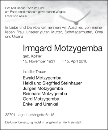 Traueranzeige von Irmgard Motzygemba von Neue Westfälische