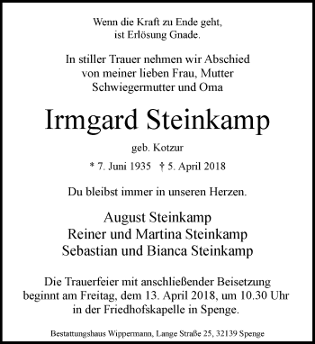 Traueranzeige von Irmgard Steinkamp von Neue Westfälische