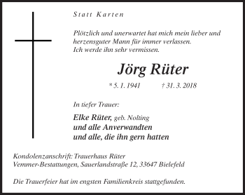 Traueranzeige von Jörg Rüter von Neue Westfälische