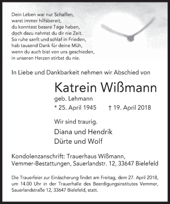 Traueranzeige von Katrein Wißmann von Neue Westfälische