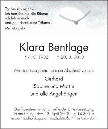 Traueranzeige von Klara Bentlage von Neue Westfälische