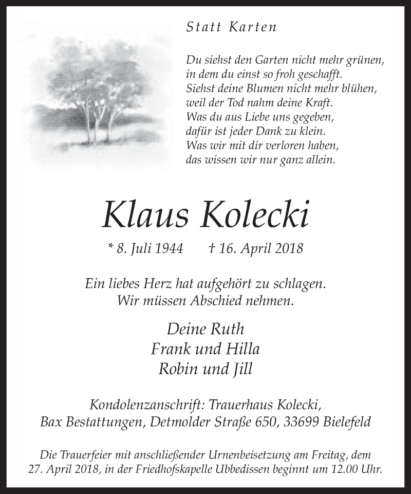  Traueranzeige für Klaus Kolecki vom 21.04.2018 aus Neue Westfälische