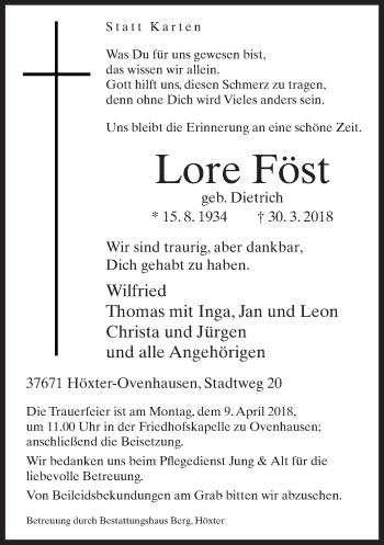 Traueranzeige von Lore Föst von Neue Westfälische