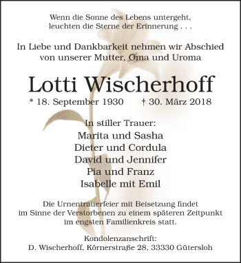 Traueranzeige von Lotti Wischerhoff von Neue Westfälische