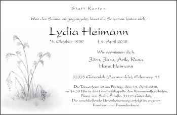 Traueranzeige von Lydia Heimann von Neue Westfälische