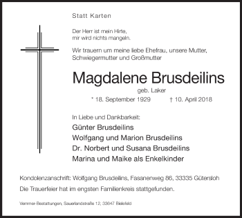 Traueranzeige von Magdalene Brusdeilins von Neue Westfälische