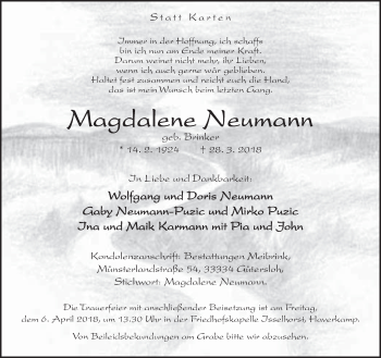 Traueranzeige von Magdalene Neumann von Neue Westfälische