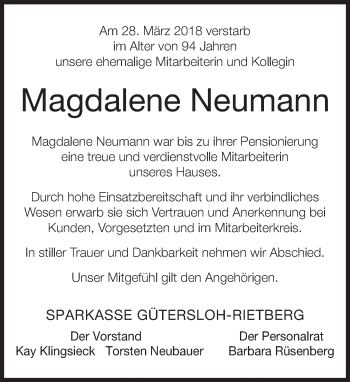 Traueranzeige von Magdalene Neumann von Neue Westfälische
