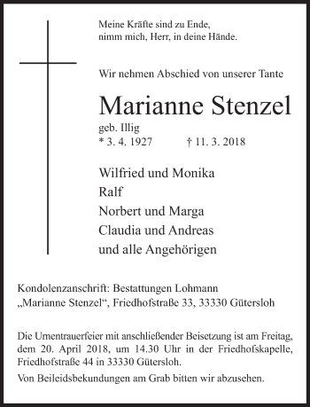 Traueranzeige von Marianne Stenzel von Neue Westfälische