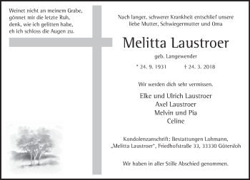 Traueranzeige von Melitta Laustroer von Neue Westfälische
