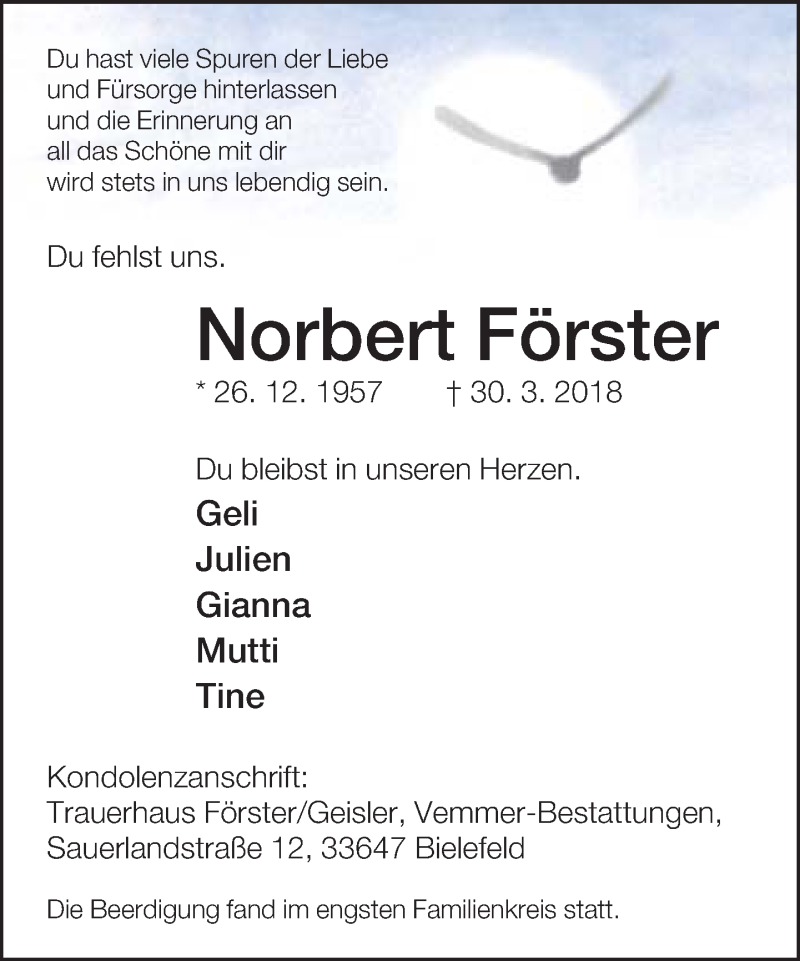  Traueranzeige für Norbert Förster vom 07.04.2018 aus Neue Westfälische