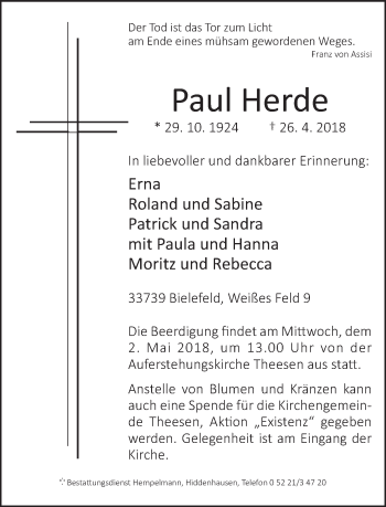 Traueranzeige von Paul Herde von Neue Westfälische
