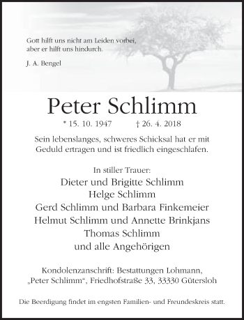 Traueranzeige von Peter Schlimm von Neue Westfälische