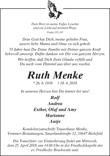 Traueranzeige von Ruth Menke von Neue Westfälische