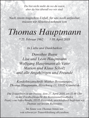 Traueranzeige von Thomas Hauptmann von Neue Westfälische