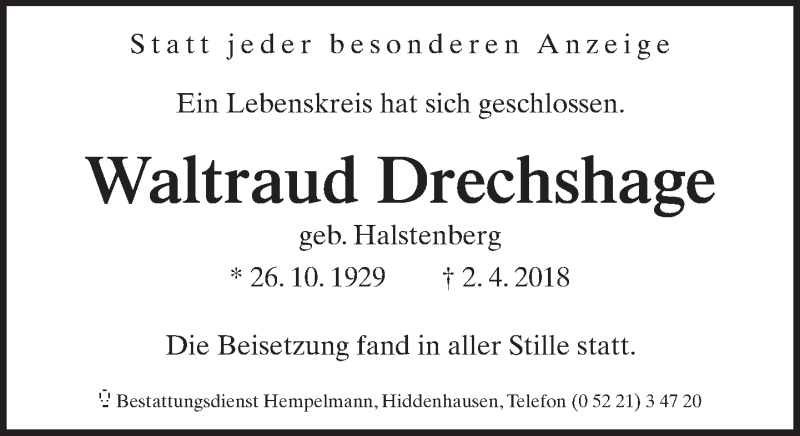  Traueranzeige für Waltraud Drechshage vom 18.04.2018 aus Neue Westfälische