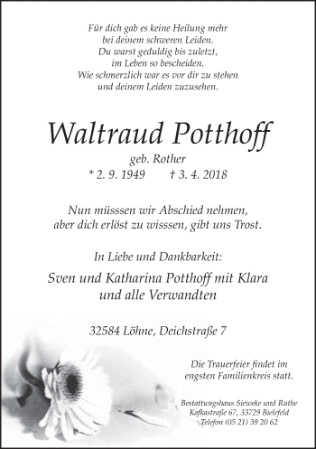 Traueranzeige von Waltraud Potthoff