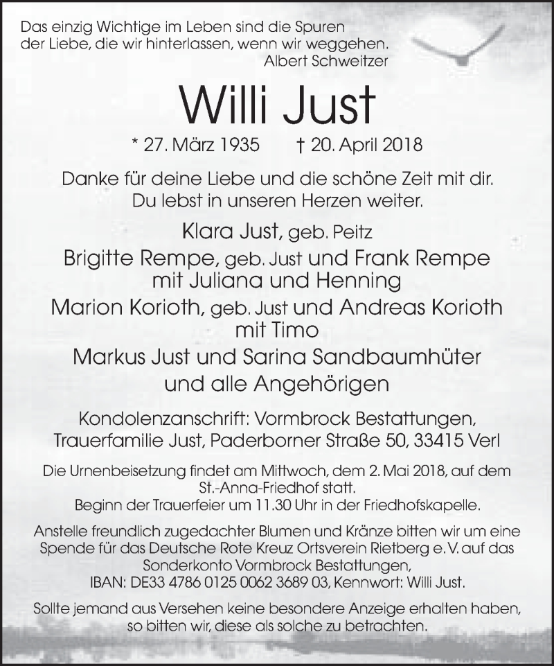  Traueranzeige für Willi Just vom 25.04.2018 aus Neue Westfälische