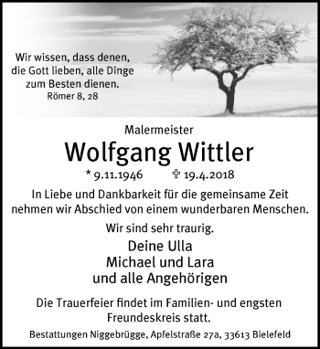 Traueranzeige von Wolfgang Wittler