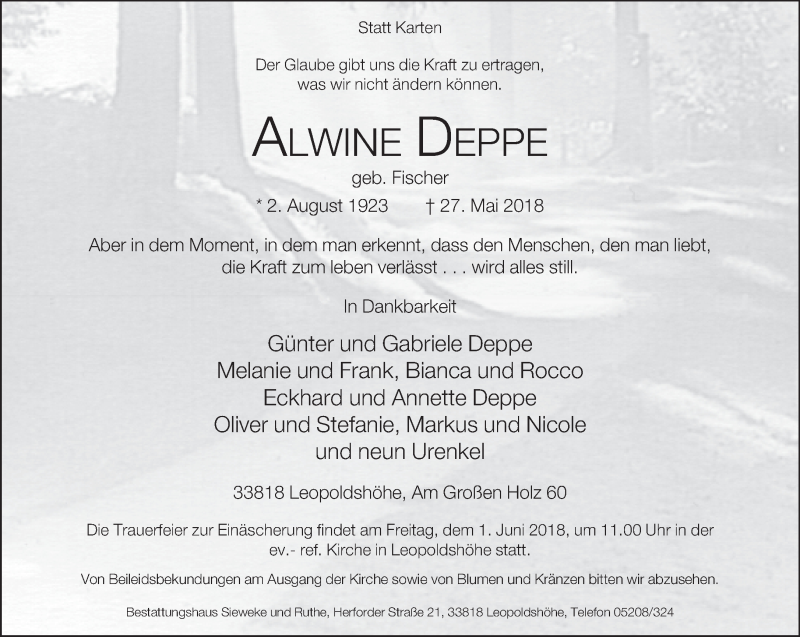  Traueranzeige für Alwine Deppe vom 30.05.2018 aus Neue Westfälische