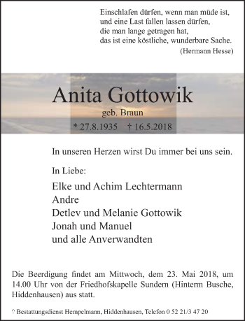 Traueranzeige von Anita Gottowik von Neue Westfälische