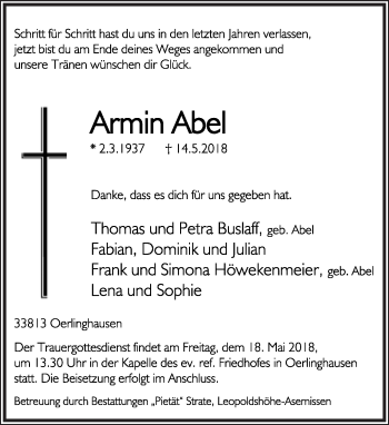 Traueranzeige von Armin Abel von Neue Westfälische