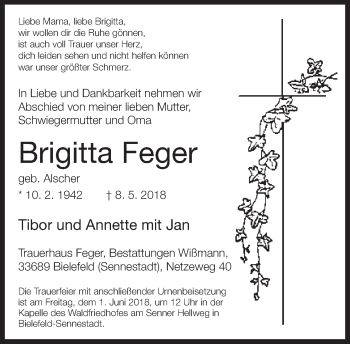 Traueranzeige von Brigitta Feger von Neue Westfälische