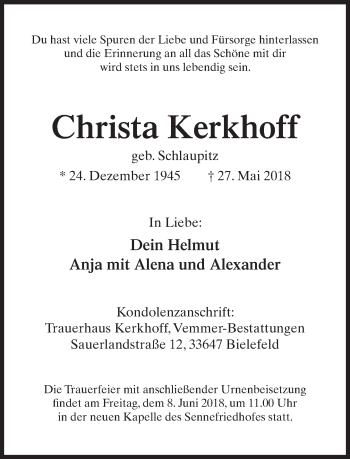 Traueranzeige von Christa Kerkhoff von Neue Westfälische
