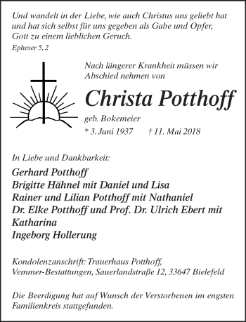 Traueranzeige von Christa Potthoff von Neue Westfälische