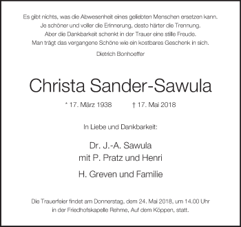Traueranzeige von Christa Sander-Sawula von Neue Westfälische