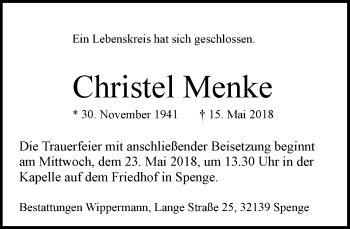 Traueranzeige von Christel Menke von Neue Westfälische