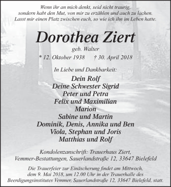 Traueranzeige von Dorothea Ziert von Neue Westfälische