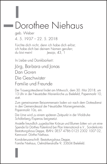 Traueranzeige von Dorothee Niehaus von Neue Westfälische