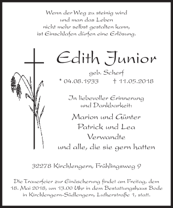 Traueranzeige von Edith Junior von Neue Westfälische