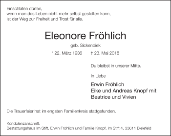 Traueranzeige von Eleonore Fröhlich von Neue Westfälische