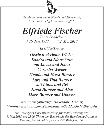Traueranzeige von Elfriede Fischer von Neue Westfälische