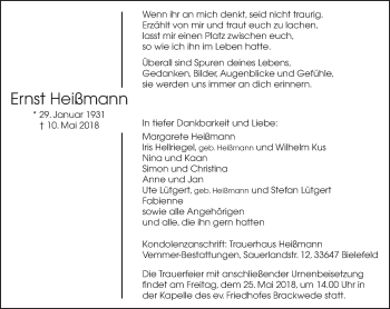 Traueranzeige von Ernst Heißmann von Neue Westfälische