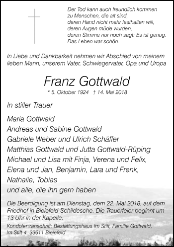 Traueranzeige von Franz Gottwald von Neue Westfälische