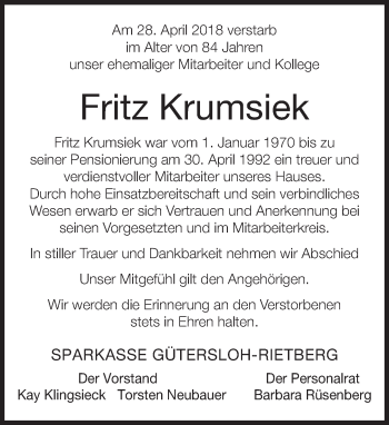 Traueranzeige von Fritz Krumsiek von Neue Westfälische